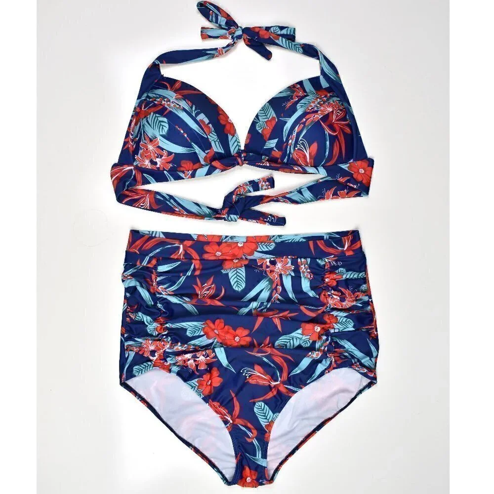 Cocoship Floral High Waist Halter 50's Style Bikini XXXXL